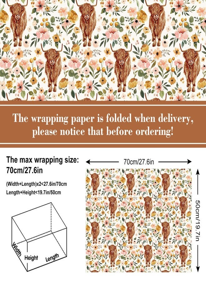AnyDesign Boho Floral Highland Cow Wrapping Paper Folded Flat Boho Flower Gift Wrap Paper Bulk Cute Cow Art Paper for Birthday Wedding Baby Shower DIY Crafts Gift Packing, 19.7 x 27.6 in, 6 Sheet - Image 2